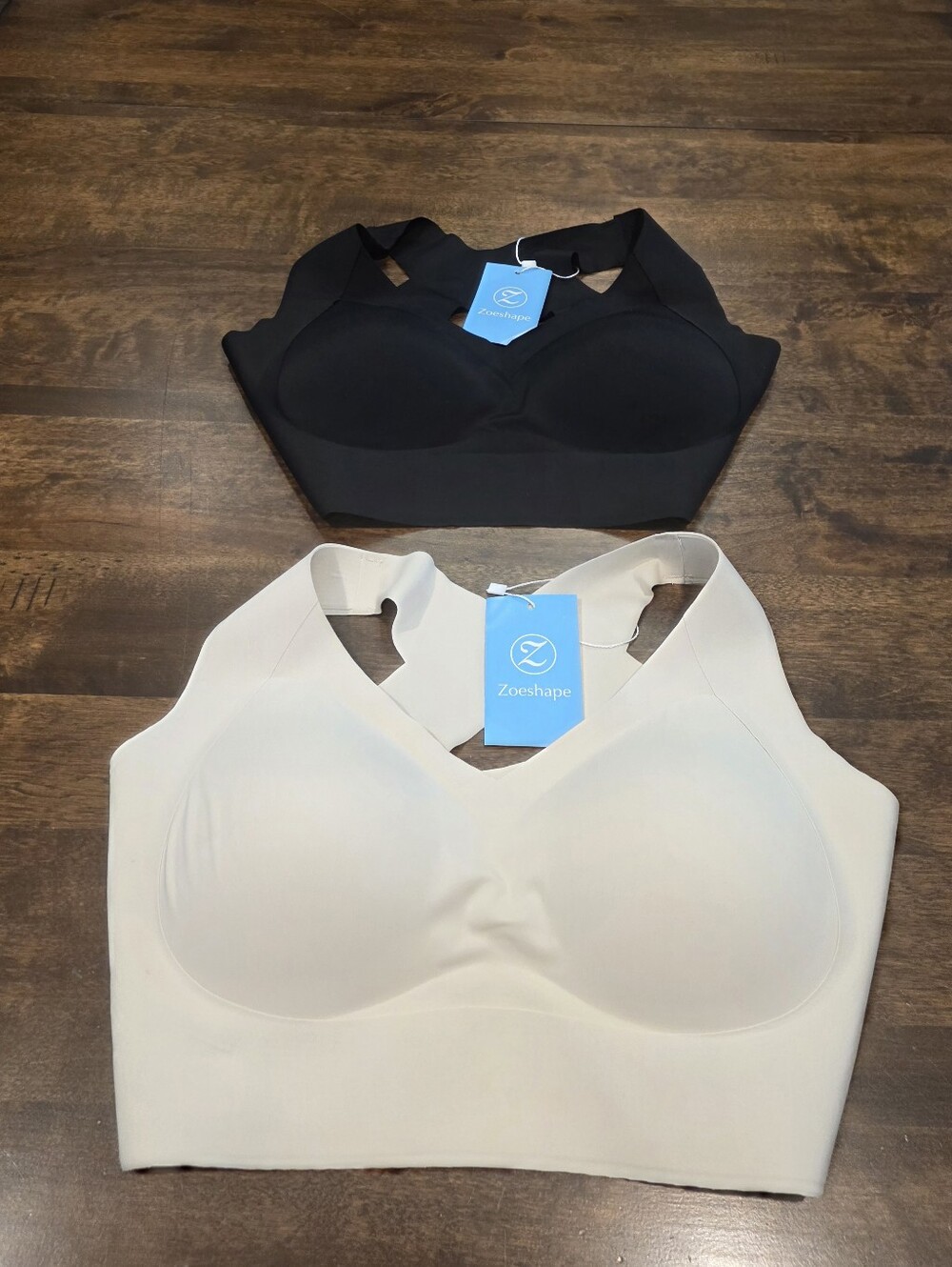 (2) Zoeshape Women's Seamless V-Neck Bralette — Black and Beige Large